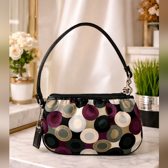 Coach Handbags - Coach Y2K Purple Satin Leather Signature Circles Multicolor Dot Wristlet Bag